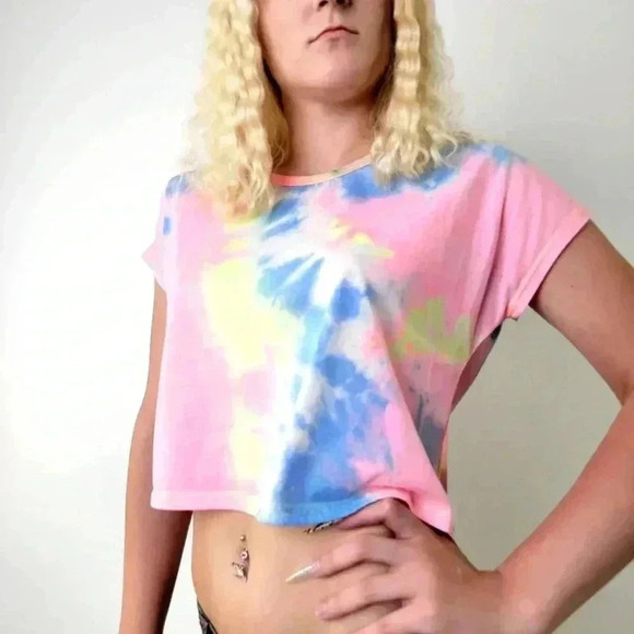 Rainbow Pastel Tie Dye Crop Top Tee Shirt - M - Picture 3 of 5